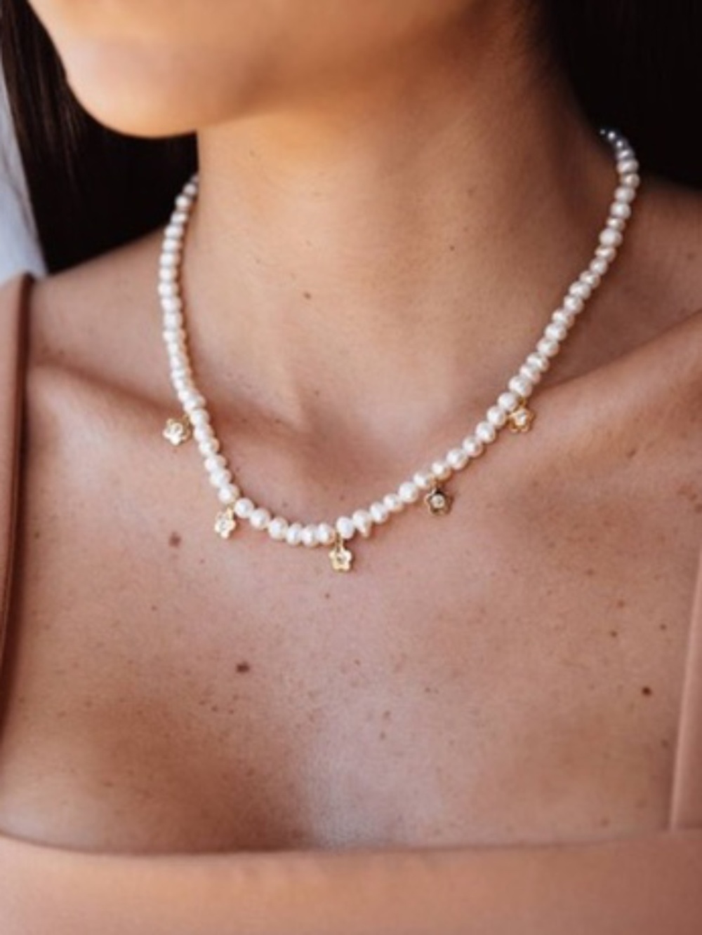 Faux Pearl Necklace with Gold Flower Charms